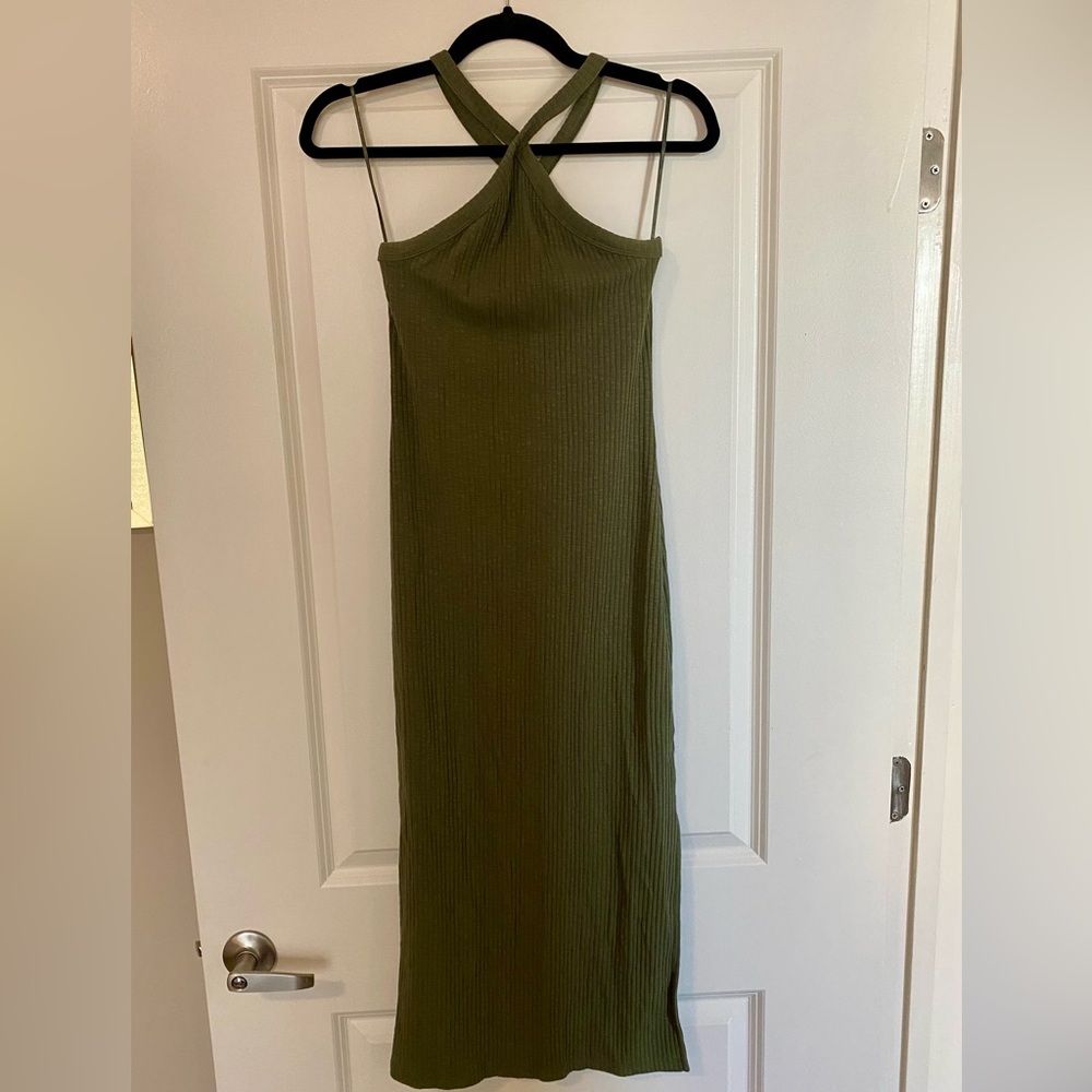 Old Navy Olive Green Ribbed Halter Midi Dresss